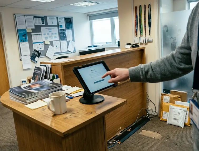 Company lobby or reception area with a reception desk, visitor sign-in tablet, noticeboard showing recent