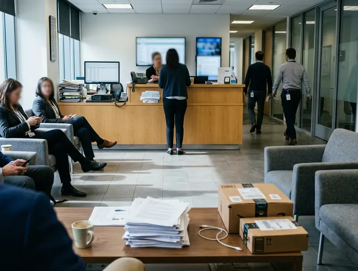 Company lobby or reception area during normal work hours, showing visitors waiting near a front