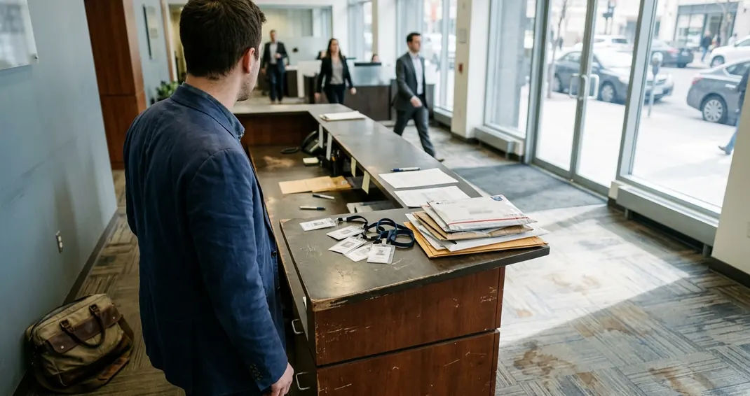 Company lobby or reception area with Jonah Cacioppe waiting near a scuffed reception counter, laptop