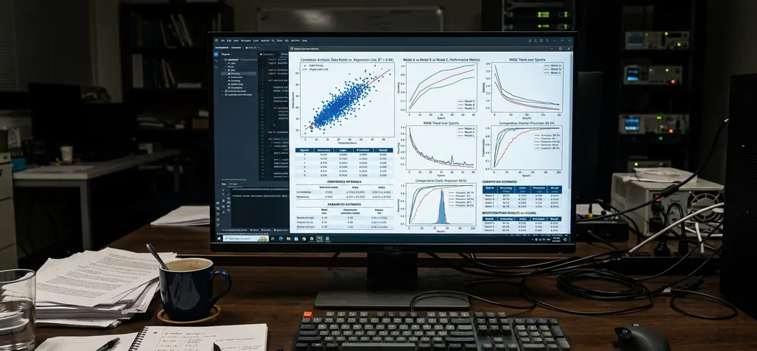 [GENERATE: a large monitor displaying complex statistical models, scatter plots, and comparative benchmarking charts